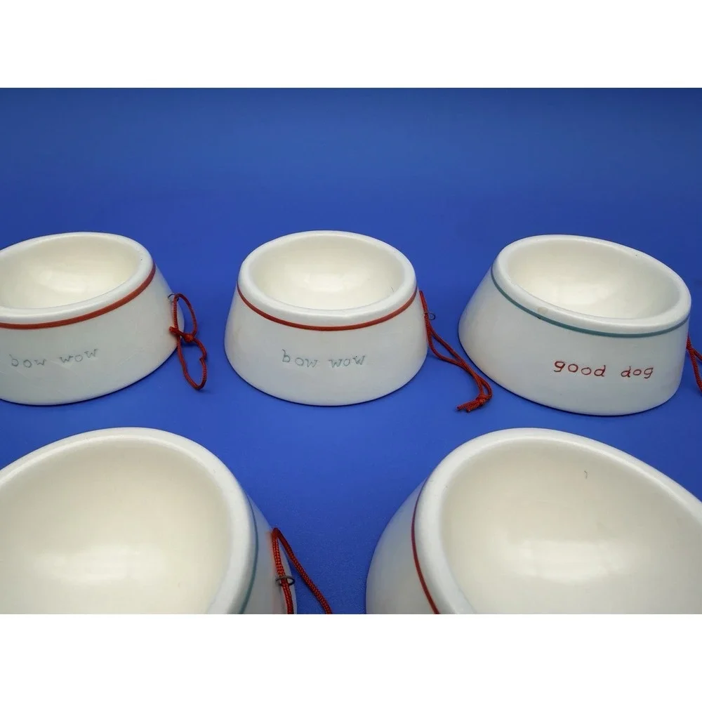 Dog Lover Christmas Ornaments Set 5 Ceramic Dog Bowls Bow Wow Good Dog